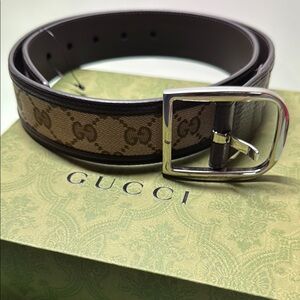 Authentic Stylish Leather, Brown & Cream Gucci Belt w/Silver Gucci Buckle (NWOT)